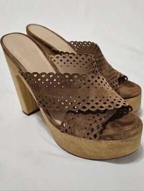 Veronica Beard Gaynor Scalloped Brown Leather Platform Wood Heel Mule Sandals 8